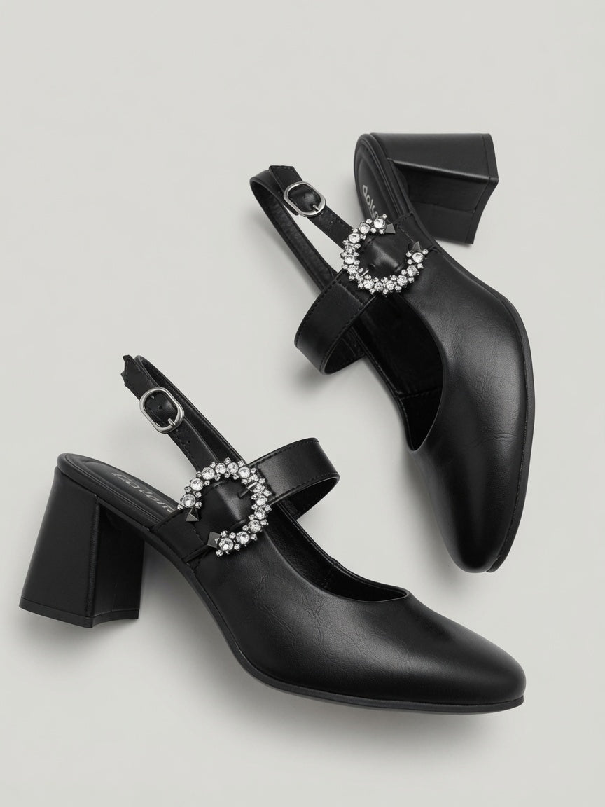 Slingback Dakota salto bloco couro | Elite Calçados