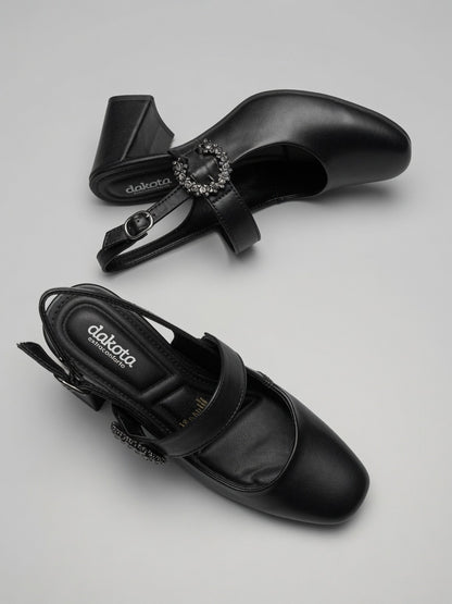 Slingback Dakota salto bloco couro | Elite Calçados