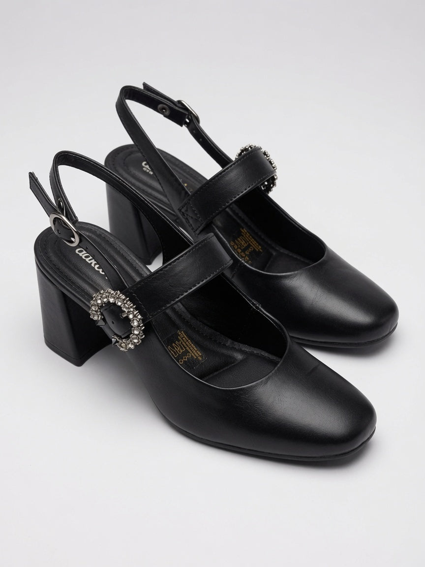Slingback Dakota salto bloco couro | Elite Calçados