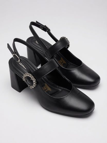 Slingback Dakota salto bloco couro | Elite Calçados