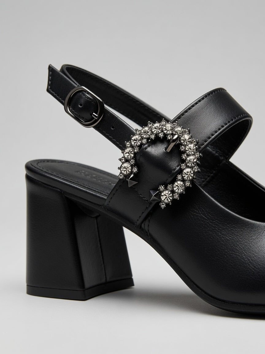 Slingback Dakota salto bloco couro | Elite Calçados